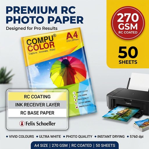 Compucolor A4 Premium Resin Coated (RC) Glossy Photo Paper 270 GSM (50 Sheets) - Waterproof Inkjet Media